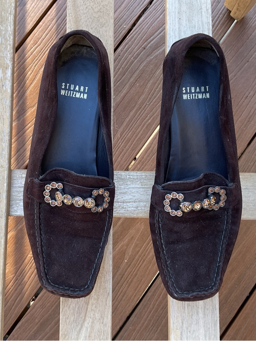 Stuart Weitzman Dark Brown Suede Loafers with Amber Jewel Trim